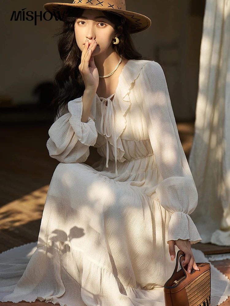 

MISHOW French Ruffle Dress for Women 2023 Spring/Summer Petal Sleeve V-Neck A-LINE Pullover Chiffon Tea Break Dresses MXC14L1287