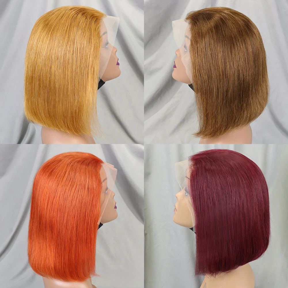 200% Density Bob Straight Human Hair 13x4 Transparent Lace Frontal Human Hair Wigs 100% Human Hair Ginger 99J Colored Wig