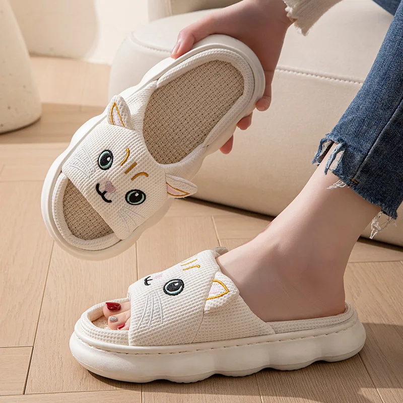 2025Cat Couple Women Slippers Fashion Breathable Indoor House Slippers Sweat-absorbing Linen Antiskid comfort Casual Slippers
