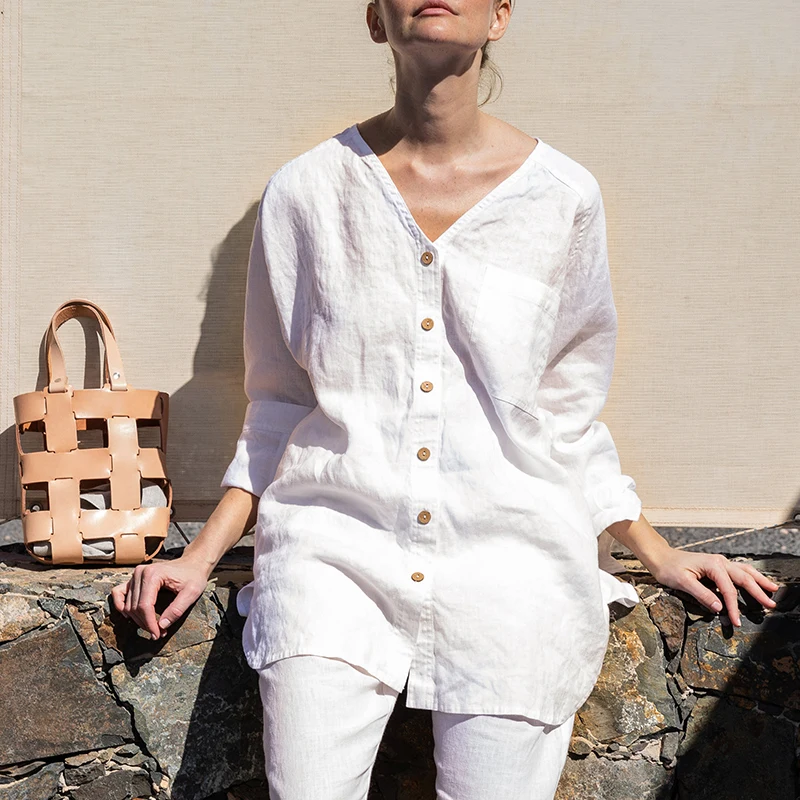 

100% Linen Women Button Long-Sleeve Shirt Spring Autumn New Literary Cotton And Linen Deep V-Neck Mid-Length White Shirts