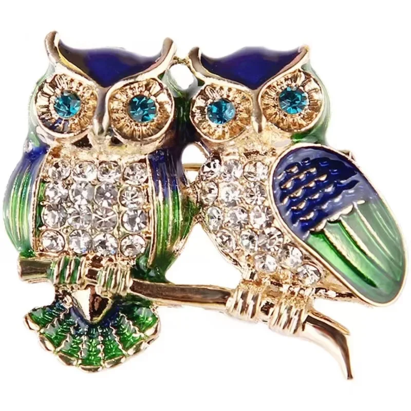 Fashionable and High-end Blue-green Owl Brooch with Zircon Animal Emblem Party Clothing Paired with Pin Scarves and Buckles