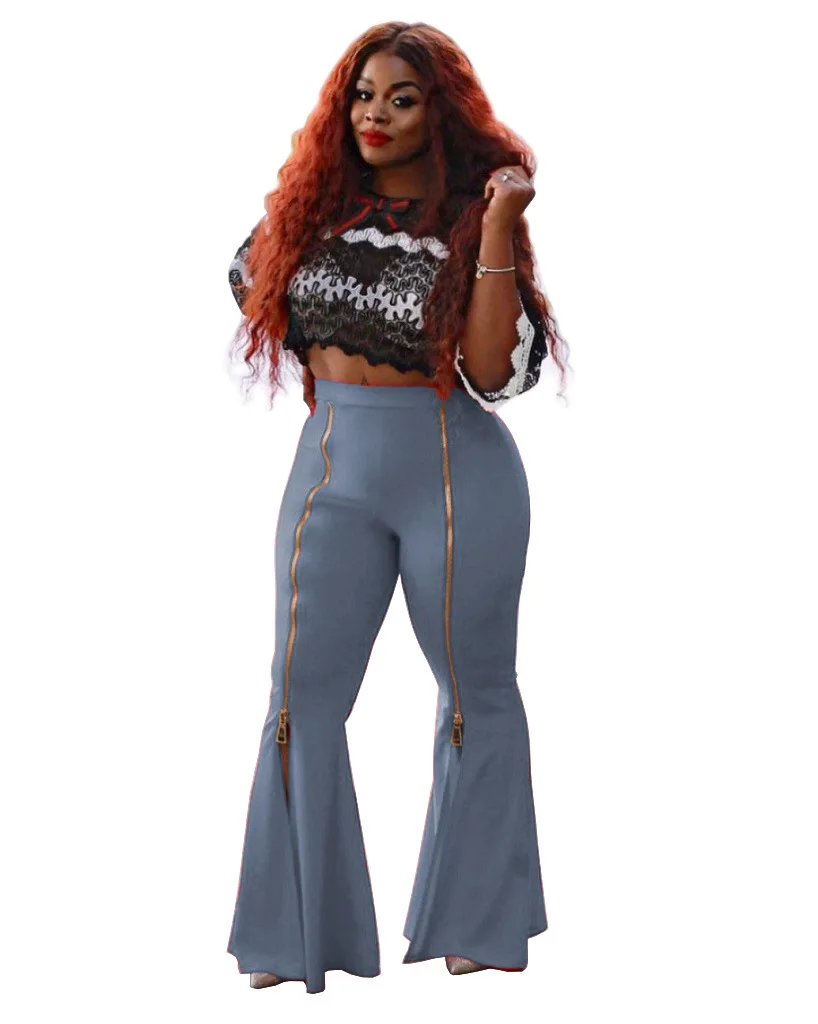 Women's Fashion High-waisted Slimming Flounces Flared Zipper Solid Color Casual Wide-leg Pants