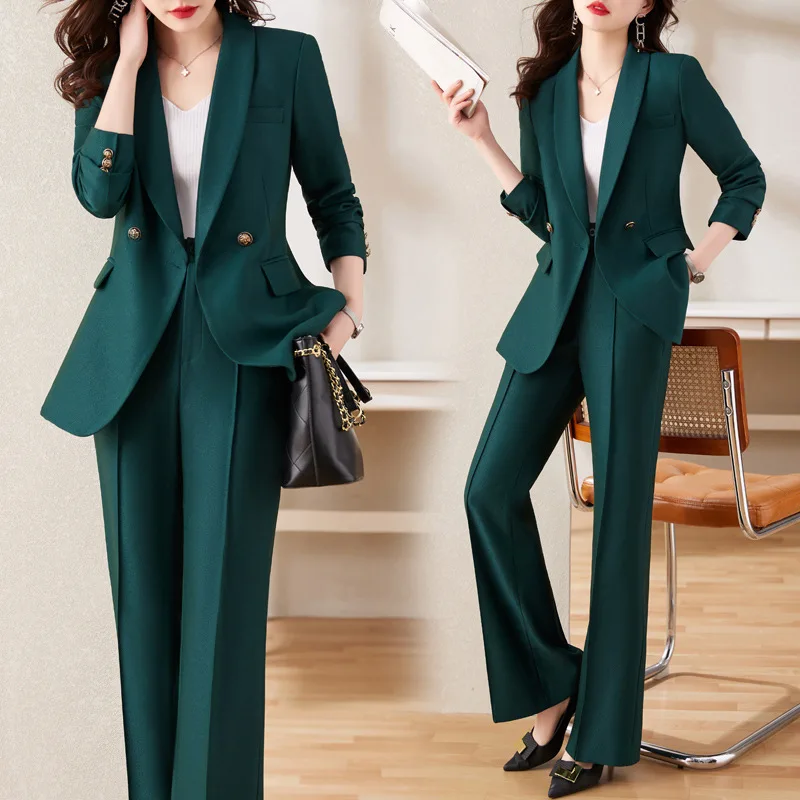 Tesco Autumn Women's 2 Piece Blazer And Pants Solid Suits Shawl Lapels Blazer Wide Leg Trouser Sets For New Year ropa de mujer