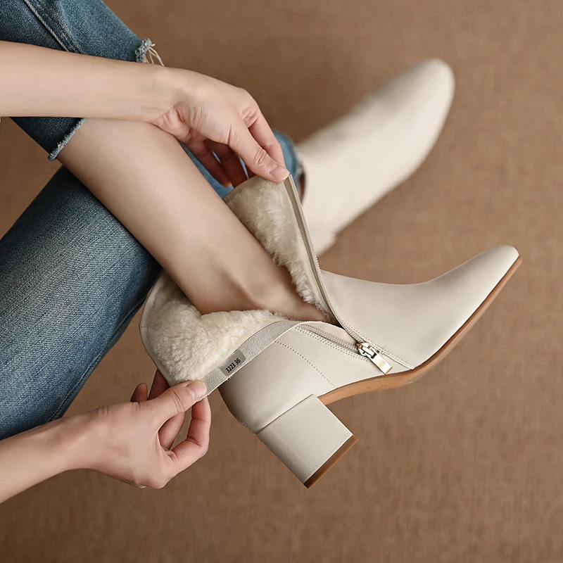 

2022 new European Russia winter ankle boots natural leather warm snow boots 22-24.5cm cowhide+wool side zipper woolen boots