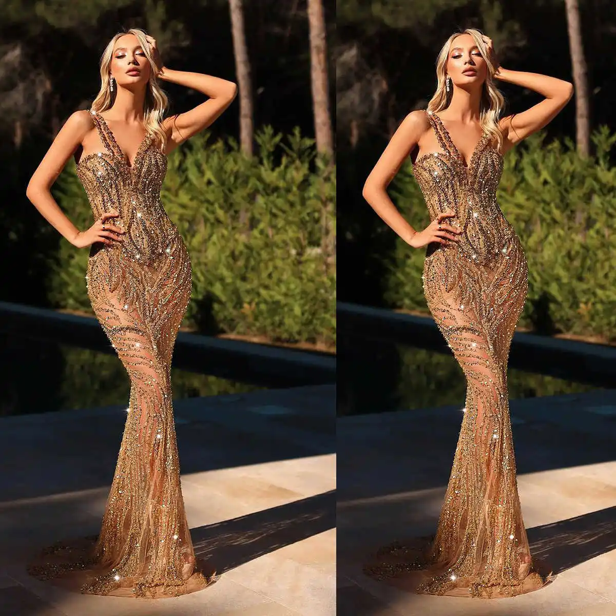 

Женское вечернее платье с блестками и V-образным вырезом