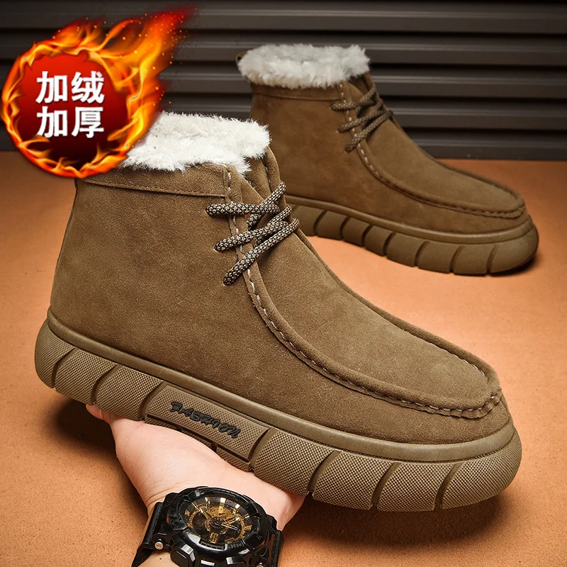 Men's Warm Snow Boots Winter Fashion Plus Velvet Comfortable Outdoor Walking Cotton Boots Simple Casual Male Plush Ankle Boots