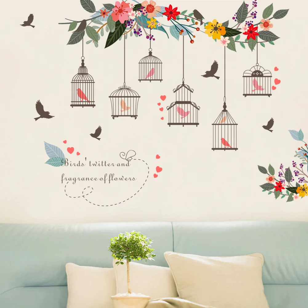 

Colorful Flower birdcage flying birds Wall Sticker Decals Wall Art For Home Living Room Bedroom TV Background Garden Window Deco