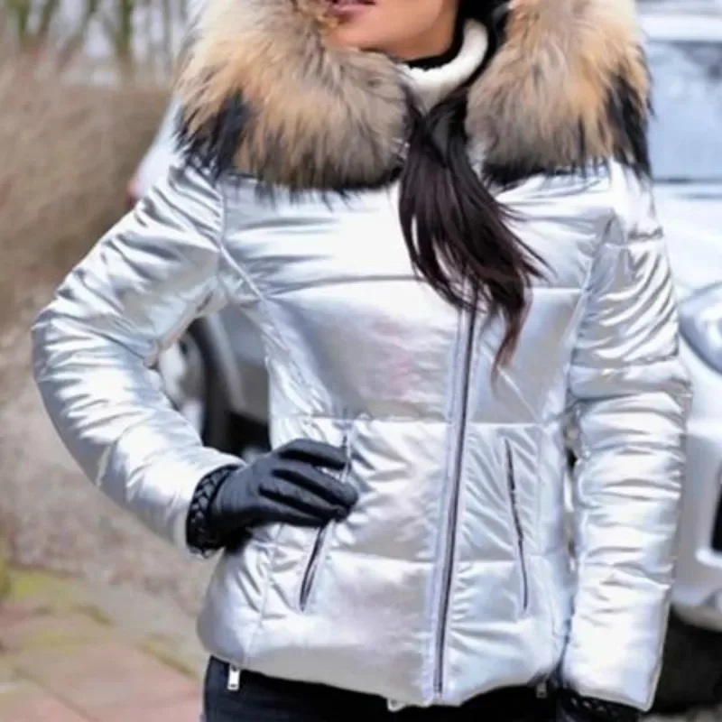Cotton Padded Coat 2022 New Coat Ladies Short Winter Warm Down Cotton Hooded Fur Collar Jacket Women's Black Faux Fur Coat