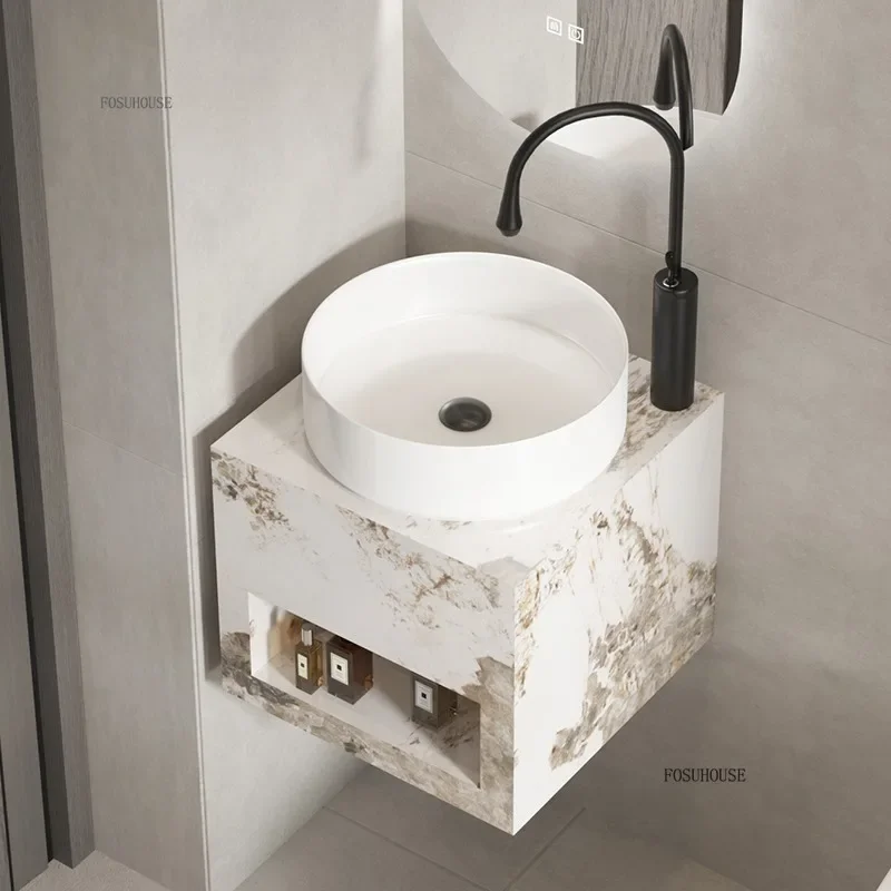 ตู้ใต้อ่างล้างหน้าแบบติดผนังหินชนวนสุดหรู สำหรับอพาร์ทเมนต์ขนาดเล็ก อ่างล้างหน้าสำหรับระเบียงห้องน้ำ อ่างล้างหน้าประหยัดพื้นที่ดีไซน์สร้างสรรค์ 1