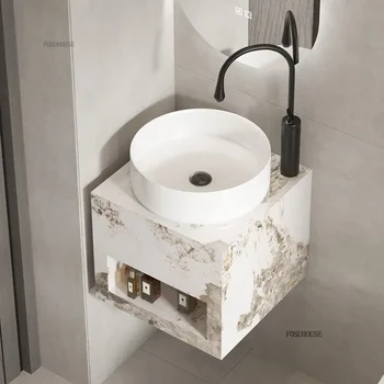 ตู้ใต้อ่างล้างหน้าแบบติดผนังหินชนวนสุดหรู สำหรับอพาร์ทเมนต์ขนาดเล็ก อ่างล้างหน้าสำหรับระเบียงห้องน้ำ อ่างล้างหน้าประหยัดพื้นที่ดีไซน์สร้างสรรค์ 1