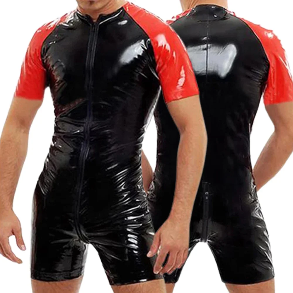 Men Short Sleeve Latex Catsuit Bodysuits Wetlook Shiny Zipper Crotch Romper Jumpsuit Black Red Bodysuit Underwear Night Clubwear