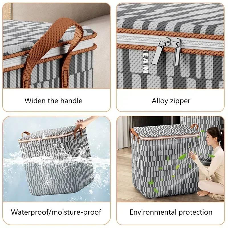 180L Storage Clothes Bins with Fabric Houndstooth Lids Container Organizers Saving Space Bags Quilt Wardrobe Bag Closet Handle 5