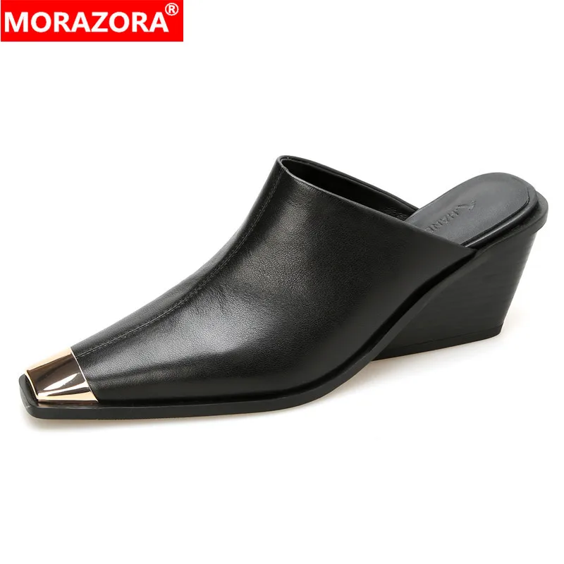 

MORAZORA 2024 New Genuine Leather Shoes Women Slippers Wedges High Heels Metal Pointed Toe Mules Ladies Office Dress Shoes