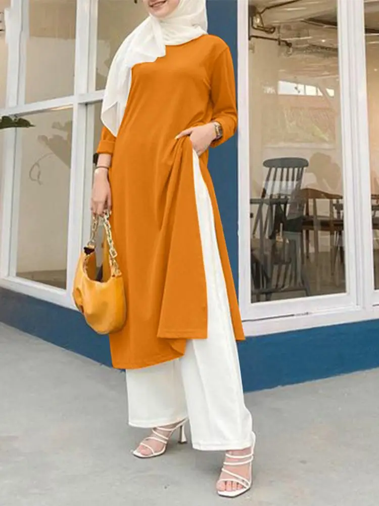 

ZANZEA Long Sleeve Split Hem Blouse Wide Leg Pants Two Piece Sets Muslim Fashion Suit Woman Elegant Urban Tracksuits Ramadan