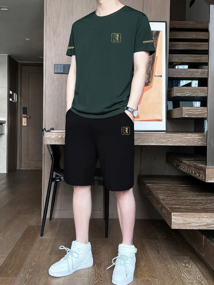 아이스 실크 러닝 스포츠웨어 캐주얼 세트 남성용 큰 사이즈 반팔 반바지 속건 고급 투피스 세트 여름 레저