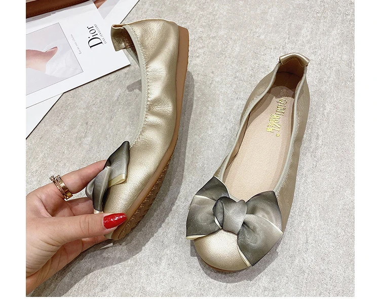 Womens Foldable Soft Round Toe Ballet Flats Butterfly Knot Sweet Comfortable Slip on Flat Ballerinas Shoes Woman PU Leather