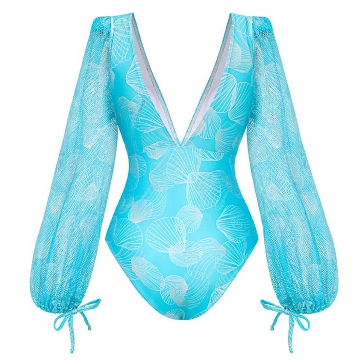 2024 New Swimsuit and Skirt  V Neck Shell Print Decoration Long Sleeve One Piece  Summer Swimwear  Women  Beachwear Bathi