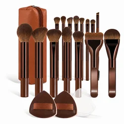 18 - Piece Versatile Makeup Brush Collection with Powder Puffs and Travel Bag (Chocolate)