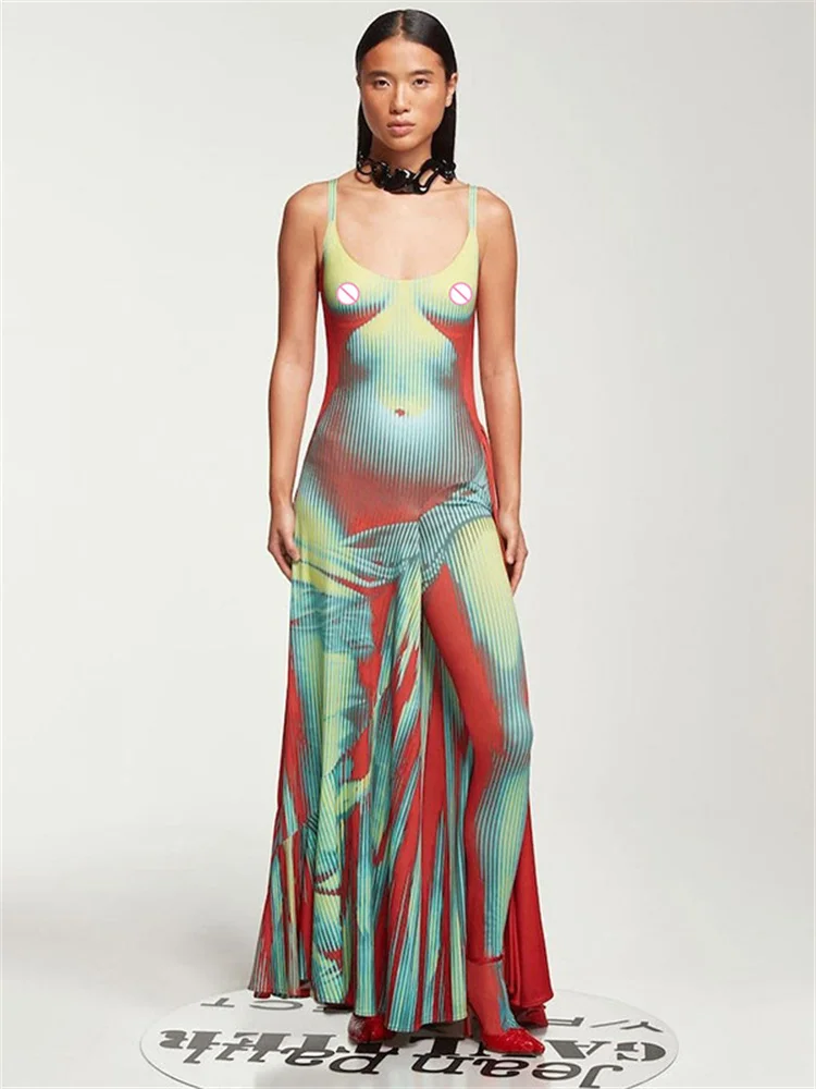 

WJFZQM Aesthetic 3D Print Maxi Dress Women Y2K Autumn Hot Casual Spaghetti Strap Backless Bodycon Party Club Hipster Female Robe