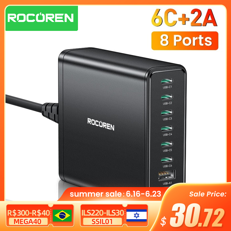  Rocoren 200W USB Type C Charger 8 in 1 USBC Desktop Charger PD QC Fast Charging Charger Quick 8 Ports Charge For iPhone 15 14 13 