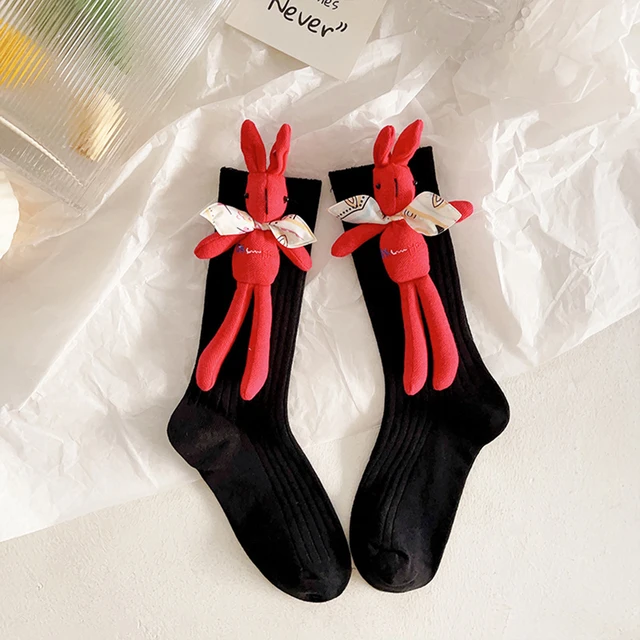 BeQeuewll Womens Cute Soft Breathable Cotton Stretch Ankle Socks with Detachable Rabbit Dolls Christmas Parent-child Socks