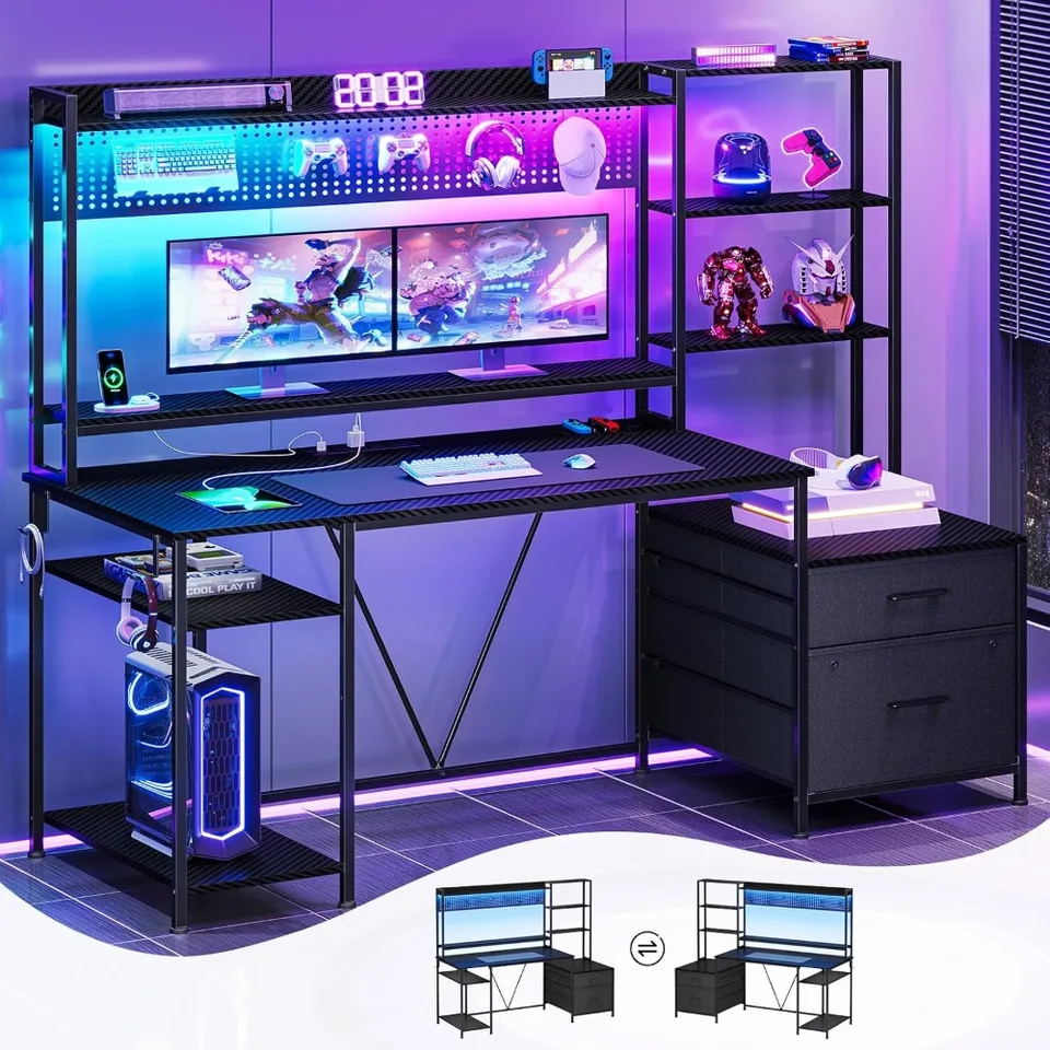 Reversible Gaming Desk with Hutch and Power Outlets