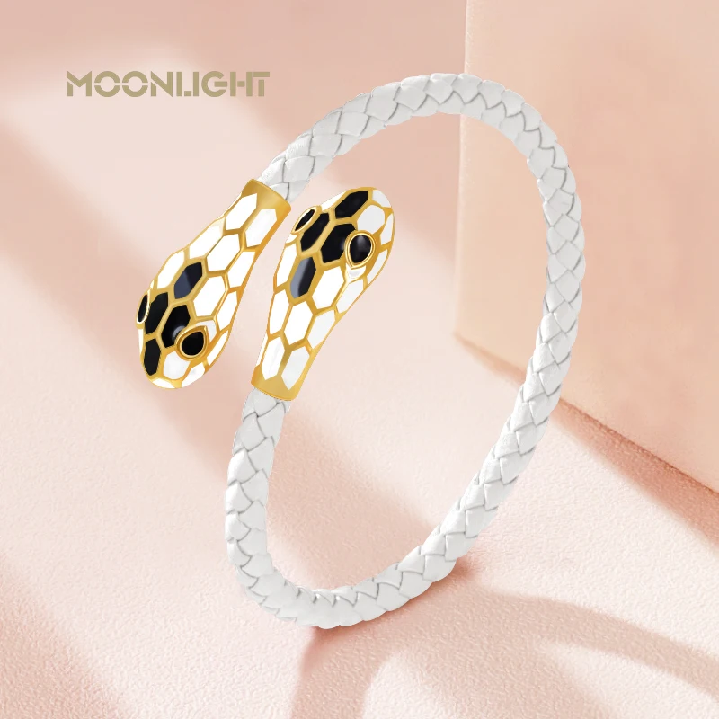 Bracelets MOONLIGHT Classic Style Double Snake Head Cuff Bangles Women Genuine Braided Leather Bracelets Female Fashion Jewelry Gifts