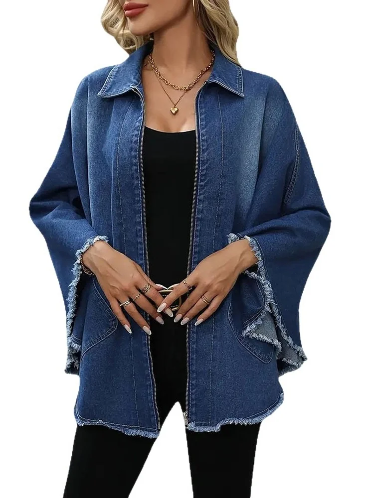 Wmstar Coat Women Wholesale European American Woman Denim Cross Border Autumn Winter Fashion Loose Lapel Batsleeve Jacket