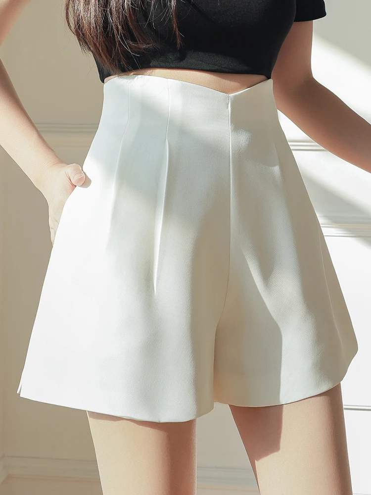 QOERLIN Black White Irregular Waist A-Line Wide Leg Shorts Loose Casual Plain Pocket Y2K Shorts Female 2023 New Korean Fashion