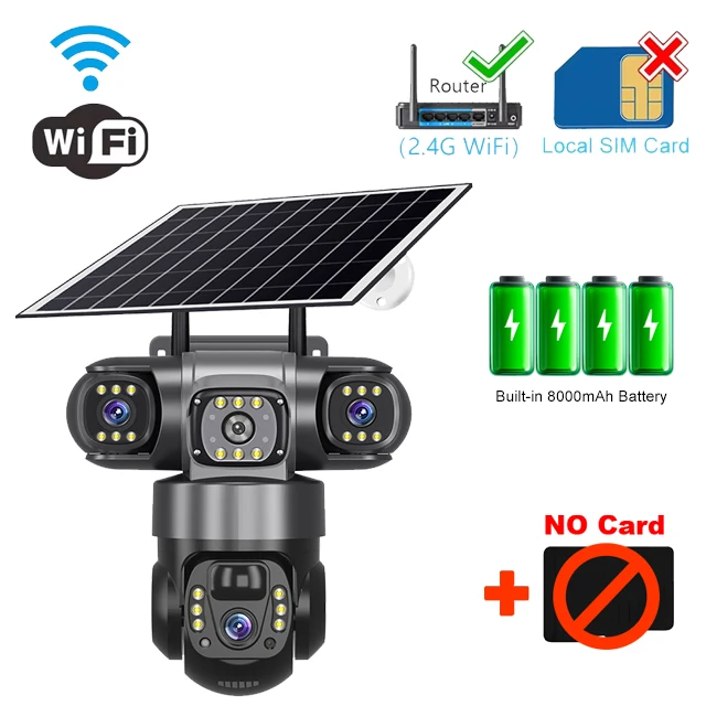 WiFi 태양광 카메라 3렌즈 3 모니터링 비디오 V380 Pro 15MP 태양광 PTZ 카메라 실외 방수 IP 감시 모니터