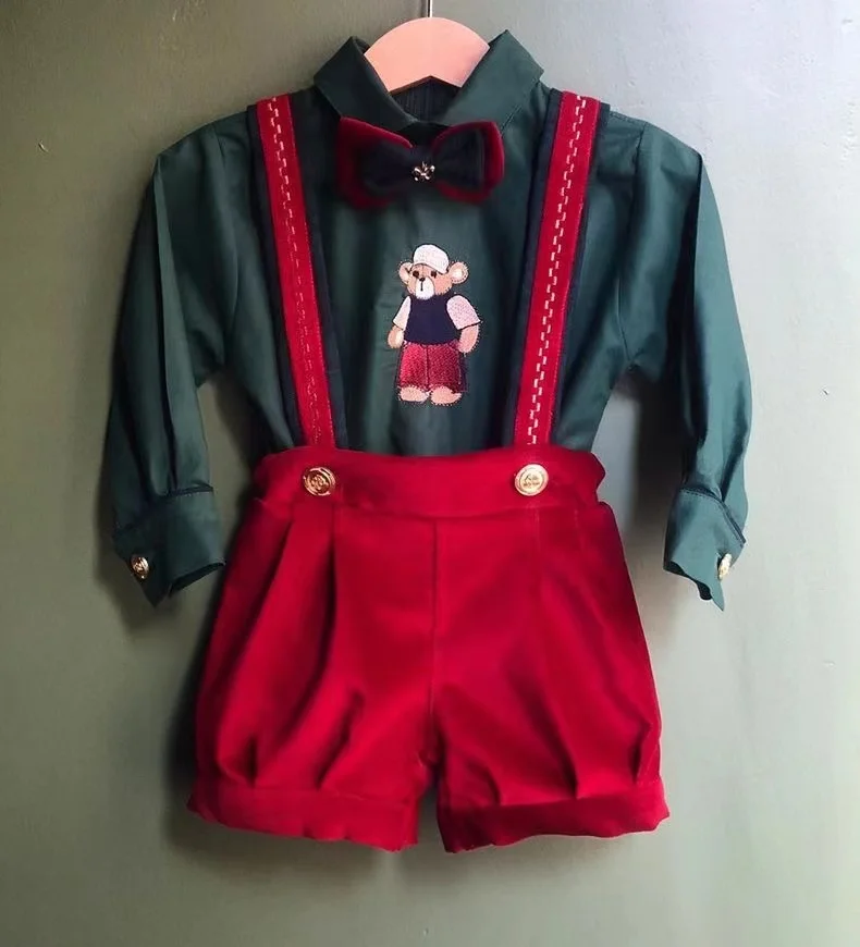 baby-boy-set-autumn-winter-red-velvet-green-bear-embroidery-vintage-for-eid-causal