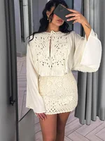 HH Female Summer Fashion Elegant Long Sleeve Lace Up Stitching Hollow Shirt+Temperament High Waist Mini A-line Skirt Suit - Image 4