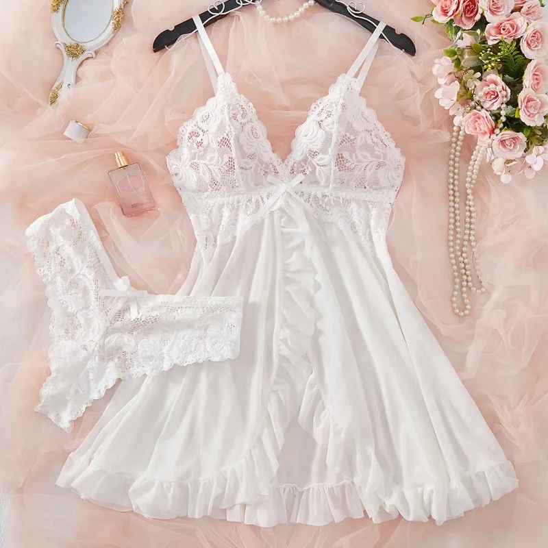 Ensemble de lingerie sexy pour femme, comprenant un soutien-gorge érotique, une chemise de nuit en dentelle sexy, des robes de nuit et des robes douces et ajustées de couleur unie à col en V, style nuisette complète
