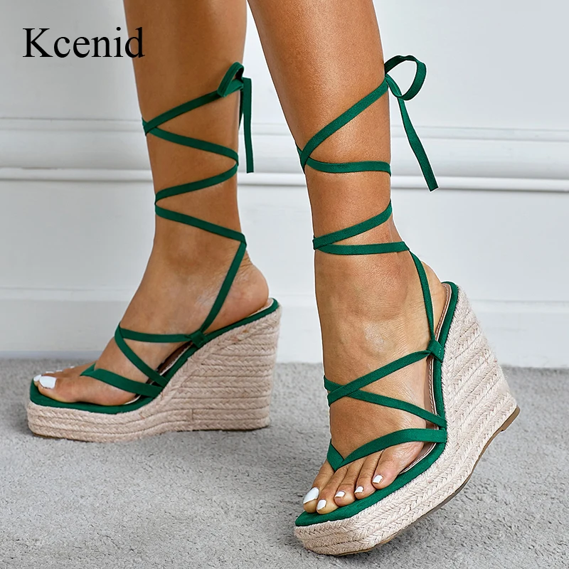Kcenid New Platform Wedges Heels Shoes 2022 Summer Women Green Sandals