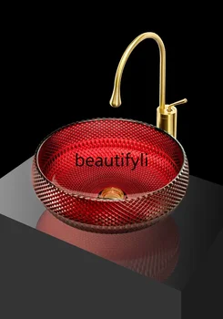 ใหม่หรูหรารอบแก้วคริสตัลอ่างล้างหน้า Die-Casting Art โปร่งใส STAGE อ่างล้างหน้าสีแดงและสีเขียว s03 1