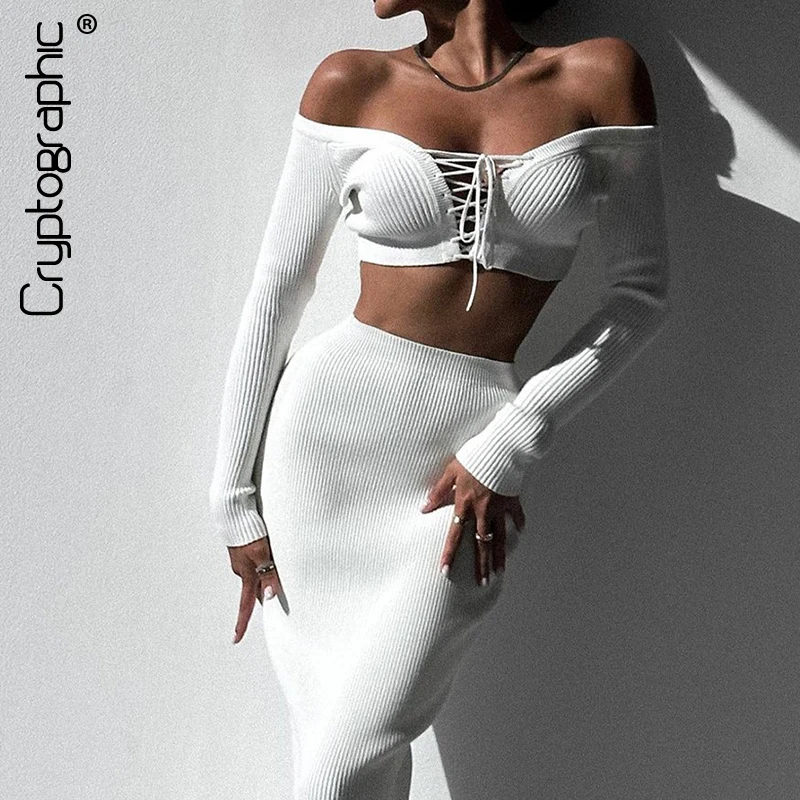 

Cryptographic Off Shoulder Fashion Sexy Bandage Top and Skirt Co-ords Sets Elegant Outfits Knitted Sweater Two Piece Sets Autumn