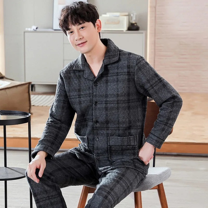 2024 New Autumn Winter Pure Cotton Pajamas Men's Thickened Interlayer Cotton Warm Sleepwear Set V-neck Loose Large Size Homewear
