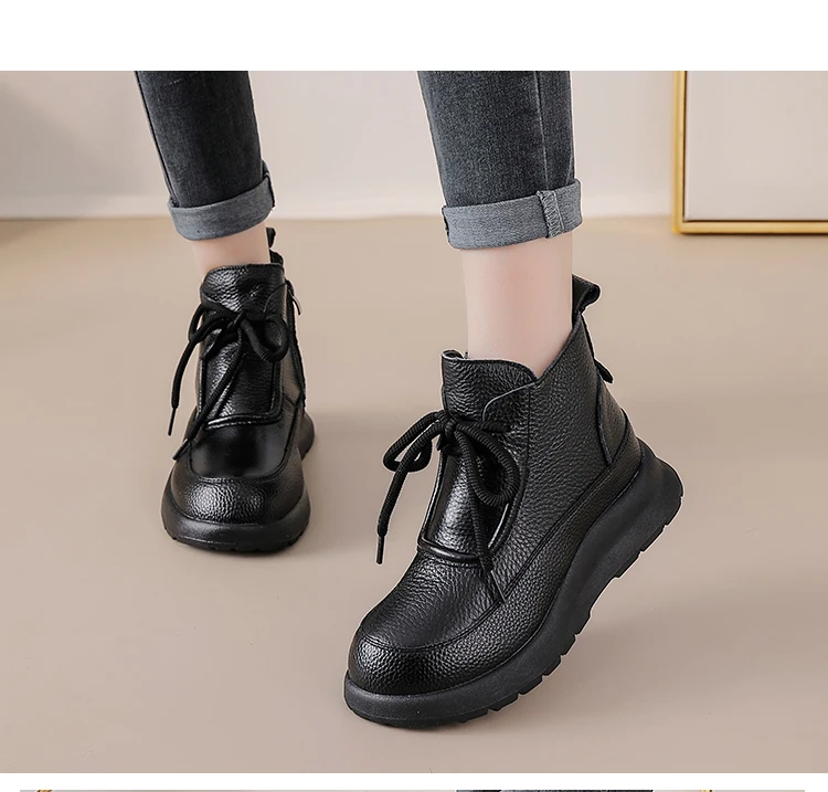Neue echtes Rindsleder Stiefel Damen Winter wasserdichte Plüschschuhe Damen Schnürschuhe Wohnungen pelzige Stiefeletten Frau warme Schneeschuhe – Detail 7