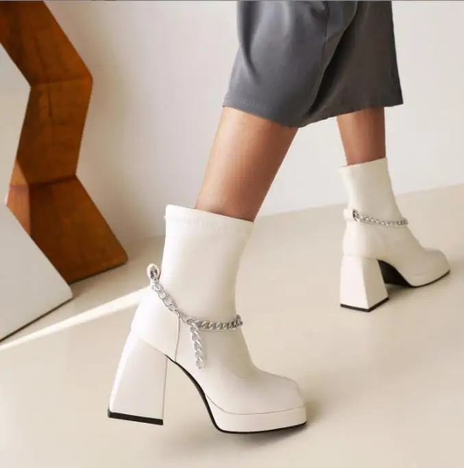 Fashion Women chain Boots Female British Styl Autumn Single Boots Square Toe Thick Heel Net Red Thin High Heels Short Boots