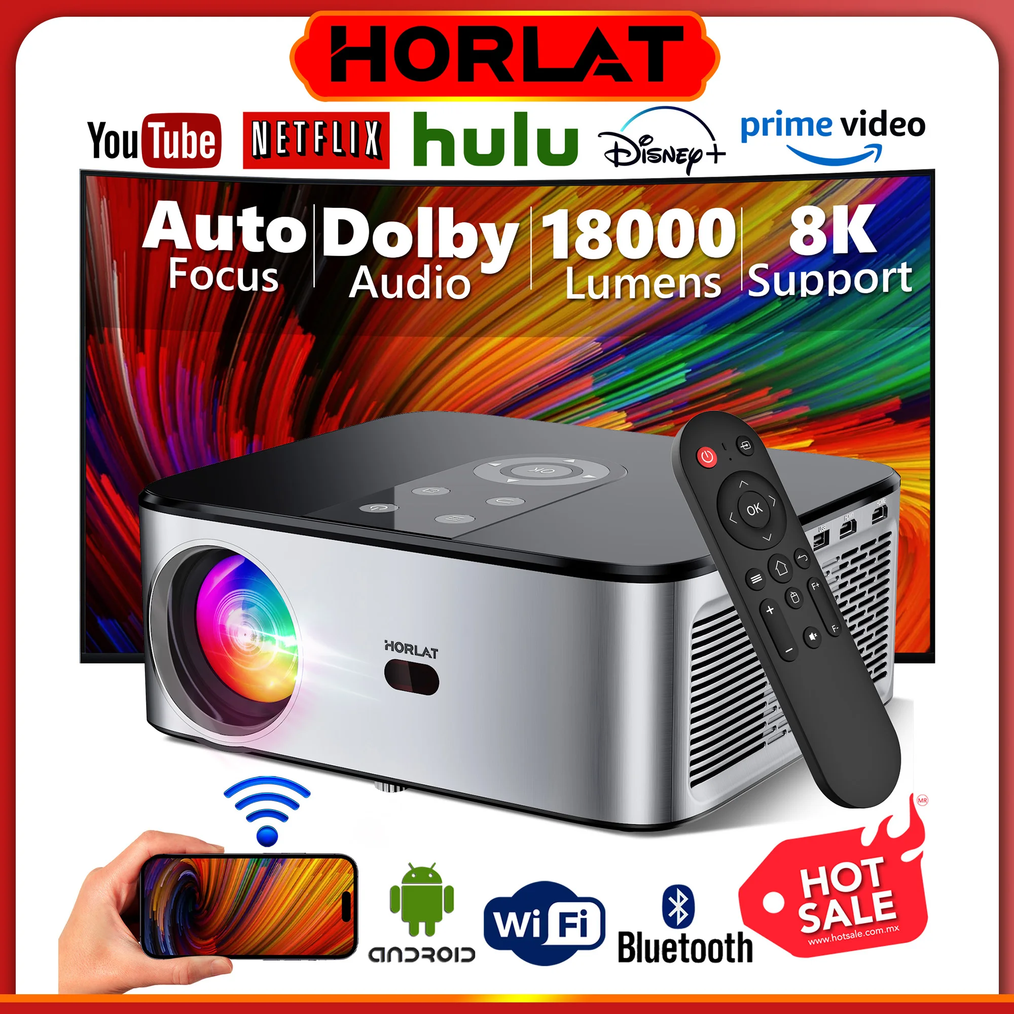 HORLAT T03 Android 4K Projector Full HD 1080P 8K Video Dolby Audio Home Theater Auto Focus Keystone 5G WiFi Portable Proyector