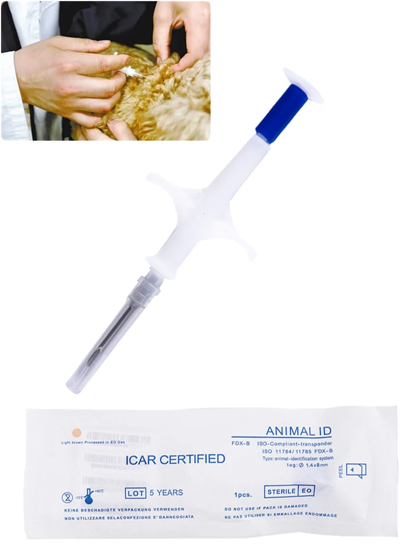1.48MM 8MM Microchips Dogs ID FDX-B ISO 11784/5 Pet Cats Dogs Microchips RFID Implant Kit with Syringe For Veterinary Management