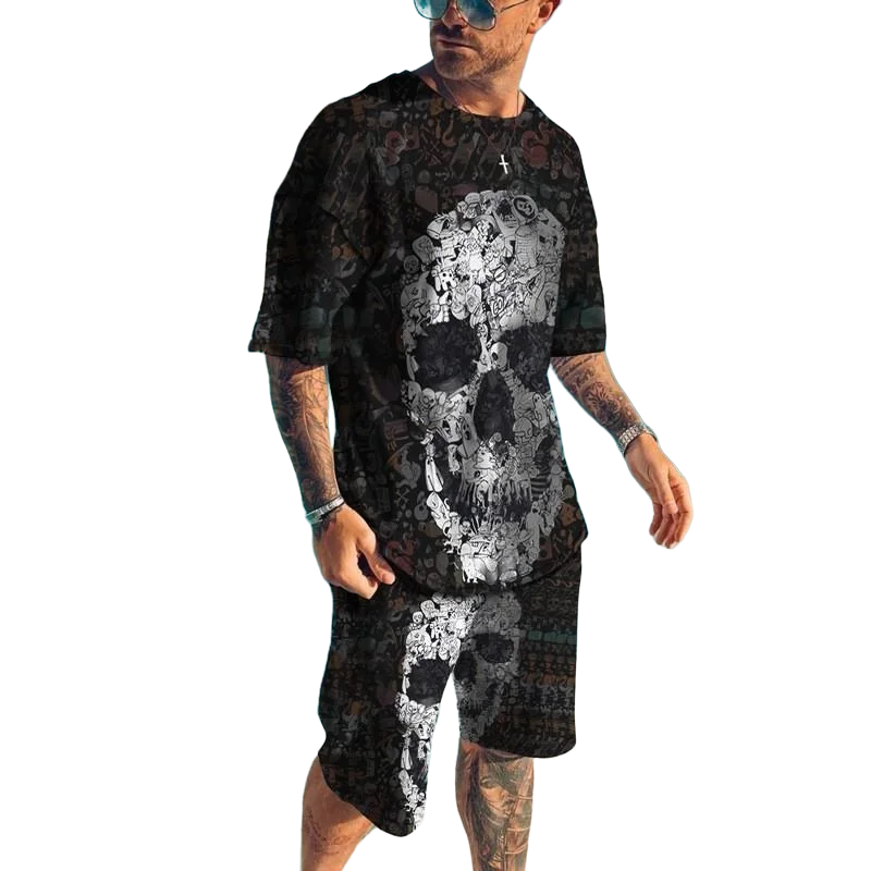 thumbnail image 1 of Chándal de hombre, camiseta de manga corta, pantalones de playa, camiseta con estampado digital 3D de calavera punk para hombre, pantalones cortos deportivos casuales de manga corta, 1 of 4