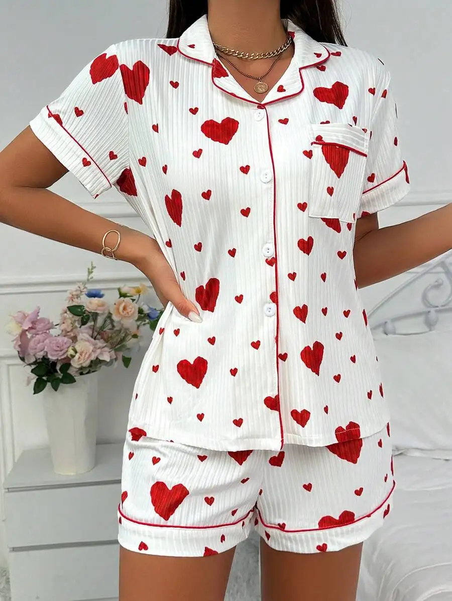 Coração impresso conjunto de pijama casual manga curta botão lapela topo e shorts elásticos pijama feminino respirável macio 7