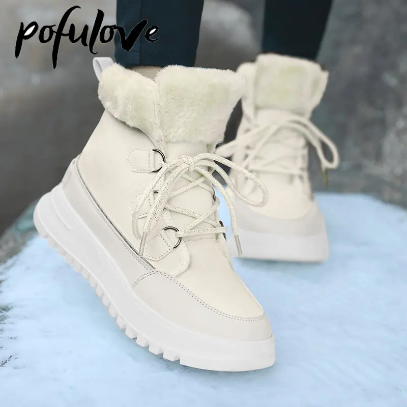 

Pofulove Women's White Snow Boots Platform Winter Boots Thick Plush Waterproof Anti-skid Boots Fashion Winter Warm Fur Shoes