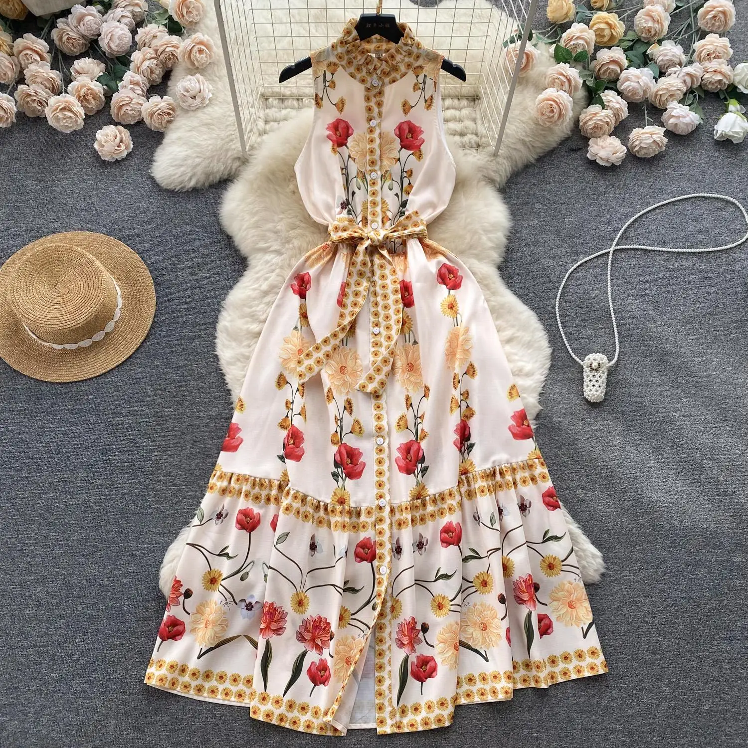 

Summer Vacation Off Shoulder Long Dress Women Stand Collar Floral Print Single Breasted Belt Elastic Waist Chiffon Dress N5088