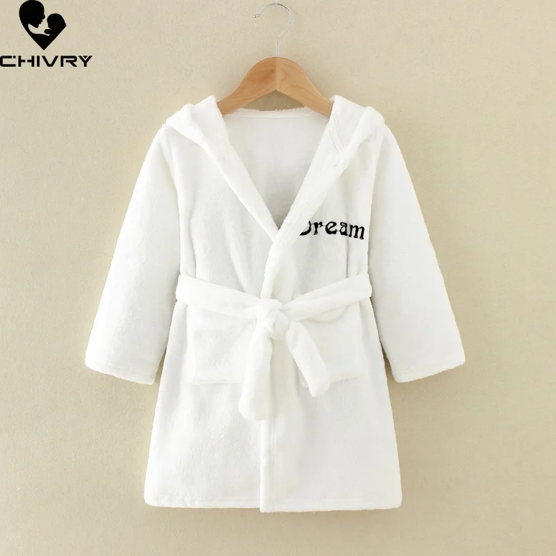 Autumn Winter Kids Hooded Flannel Bathrobe Baby Bath Robes Boys Girls Cartoon Dinosaur Warm Pajamas Long Sleeve Towel Robe