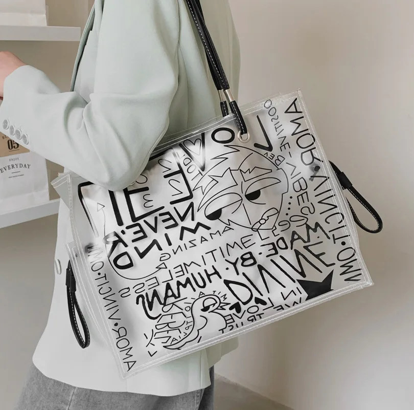 Ladies Transparent Tote Bag Graffiti Large Capacity Shoulder Bag PVC Jelly Clear  Bag Fashion Beach Hand Bag for Women