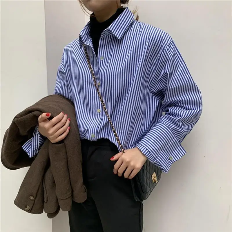 

Spring Autumn New Blue Striped Shirts Polo Neck Long Sleeve Loose All-match Youth Blouse Tops Trend Street Casual Women Clothing
