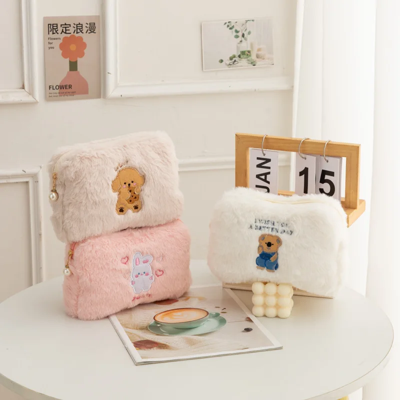 화장품 파우치 패션감 물씬! 다용도 메이크업 및 화장품 보관 가방 세트 7 여성용 플러시 귀여운 맥주 메이크업 가방, 대용량 화장품 보관 파우치 핸드백, 휴대용 여행 정리함 메이크업 가방