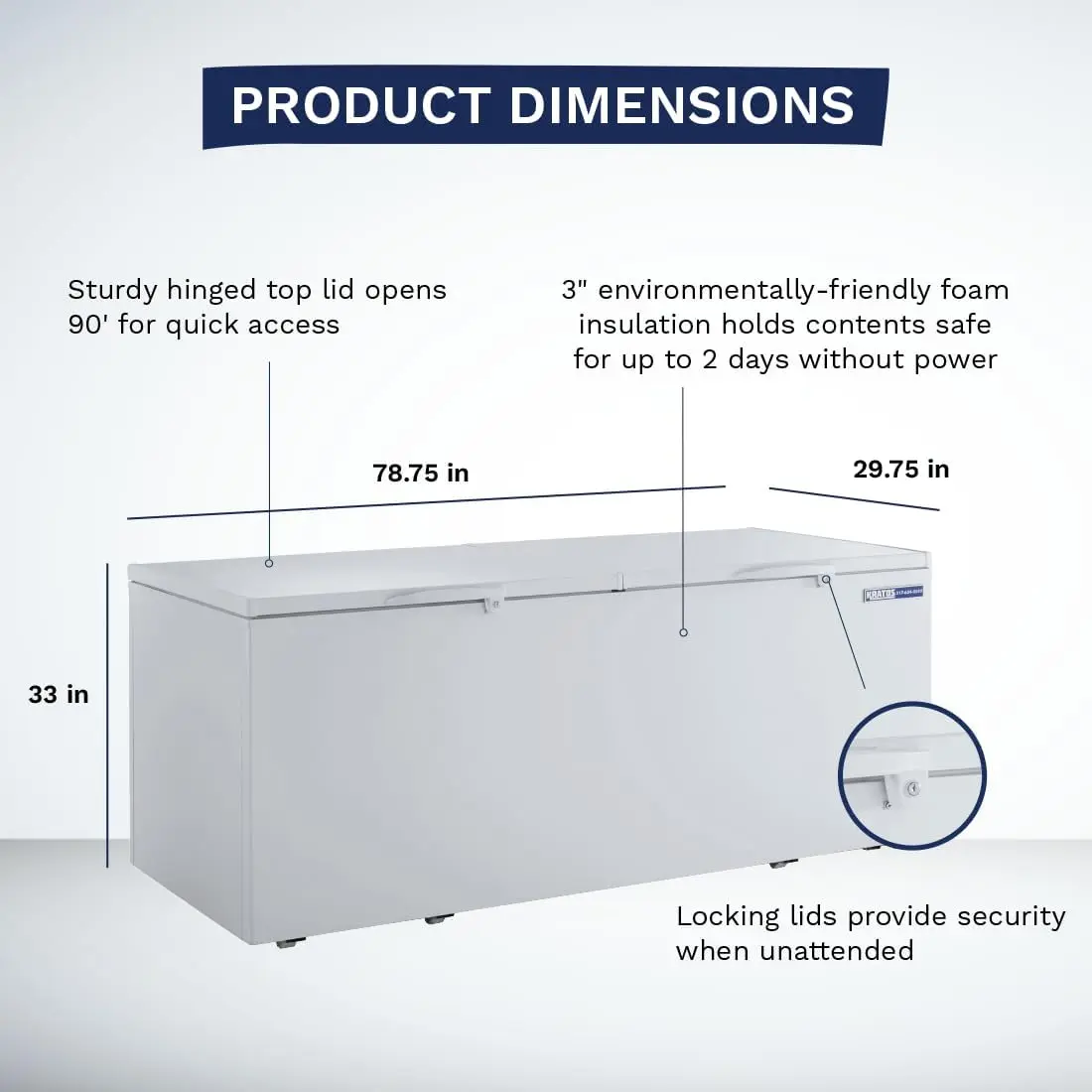 Commercial Chest Freezer 23. Cu Ft Capacity Solid Top White Large Storage Adjustable Feet Keeps Freezer Level on Uneven Surfaces